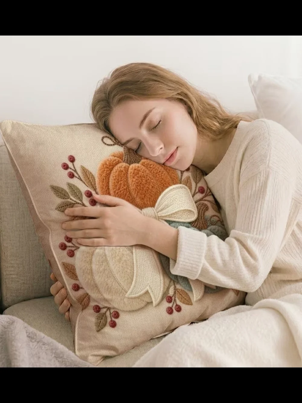 Cozy Fall Pumpkin Pillow Cover in Orange, Cream & Teal